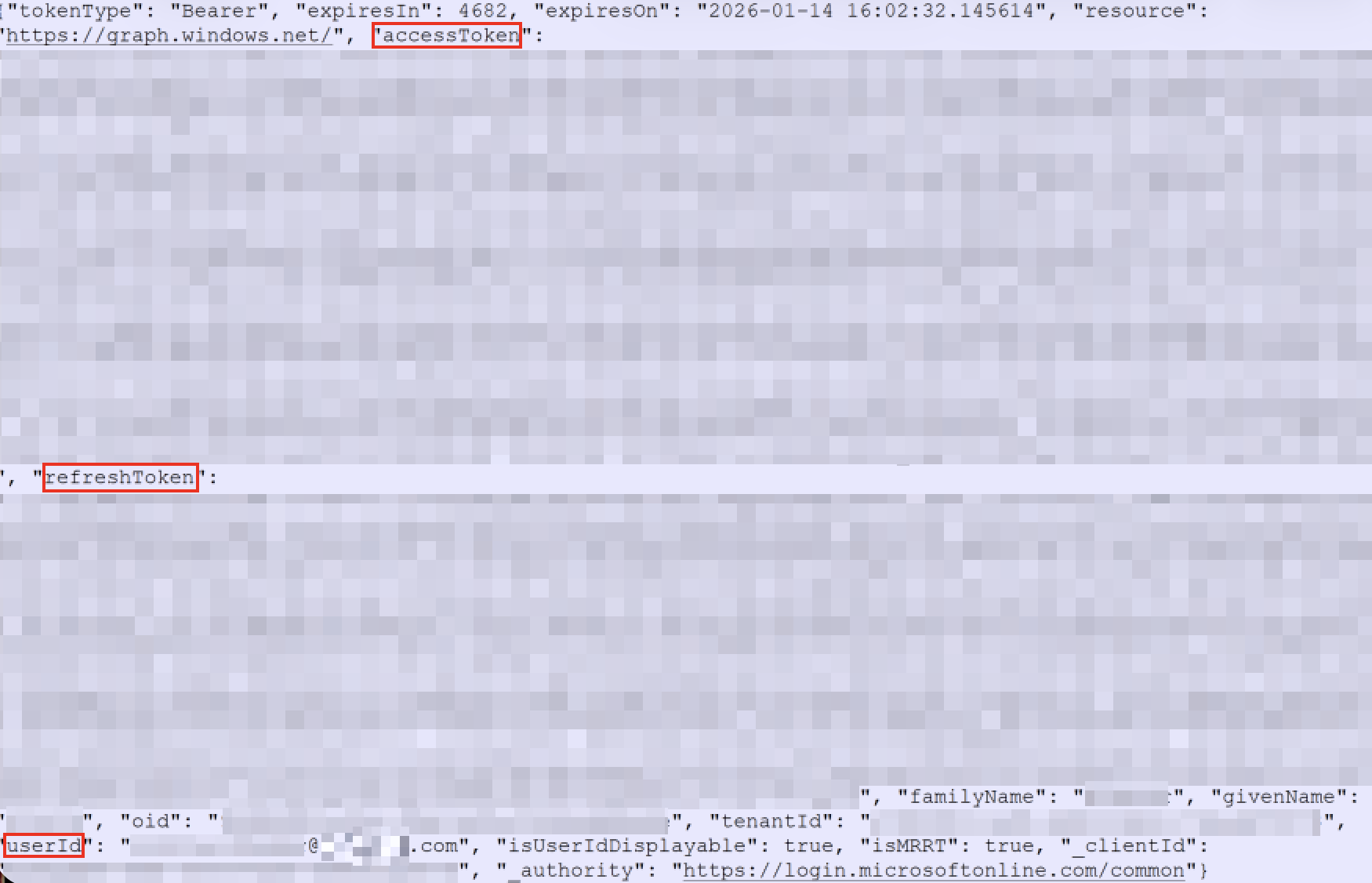 Example output showing captured access token and refresh token from a successful adversary-in-the-middle phishing attack
