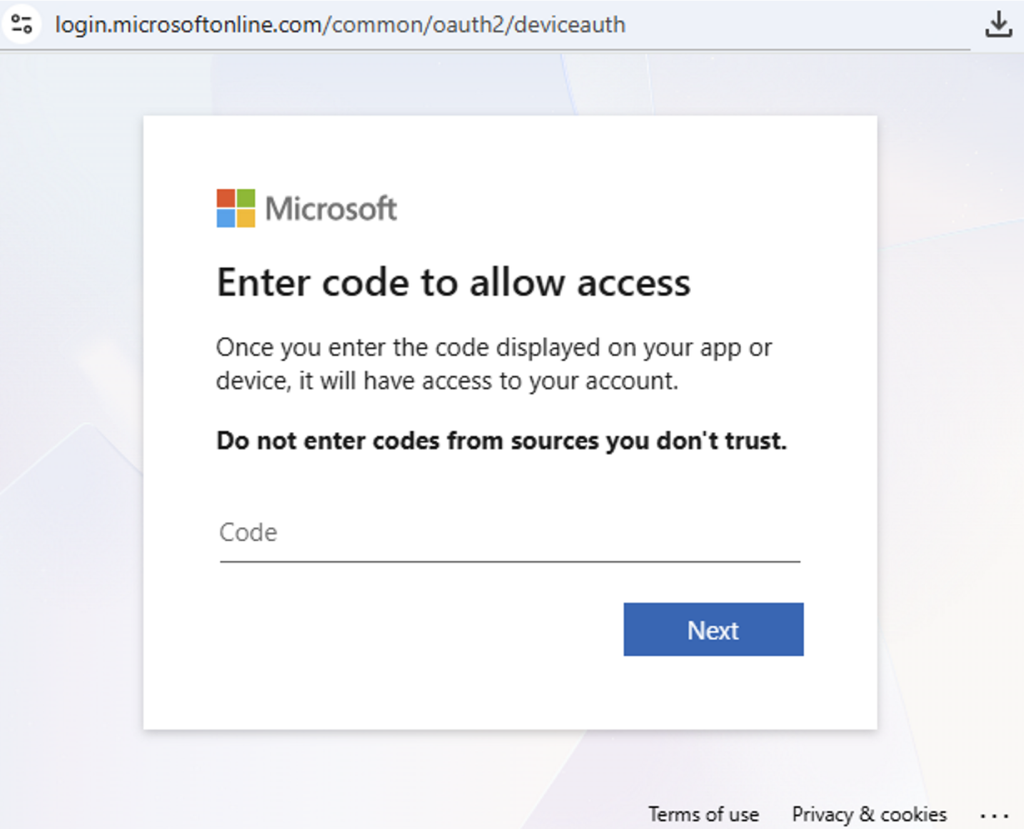 Legitimate Microsoft device authentication login screen used in adversary-in-the-middle phishing attacks