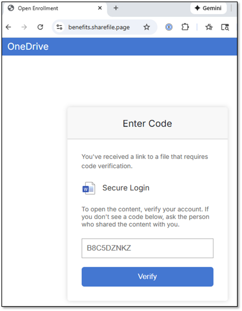 Phishing email prompting user to verify access to a shared document using a device